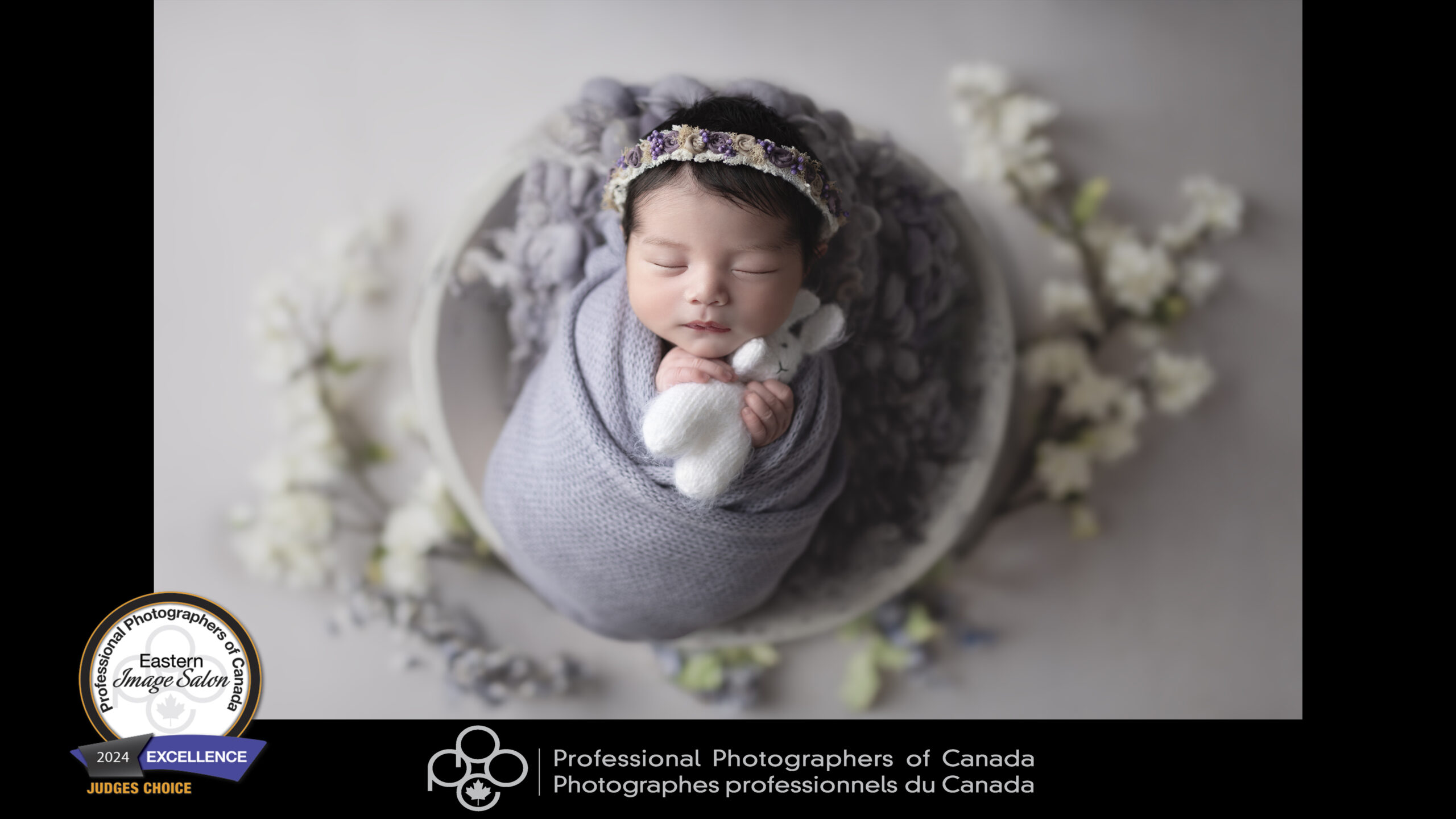 award winning image created by the maker Denise Husak of Meraki Photographic Creations and studio in Paris, Ontario. the image name is Cocoon. Perfectly named and this sweet baby girl was swaddled in a mauve hand knit wrap and cuddling a white bunny lovey. and being adorned with a handmade floral halo.