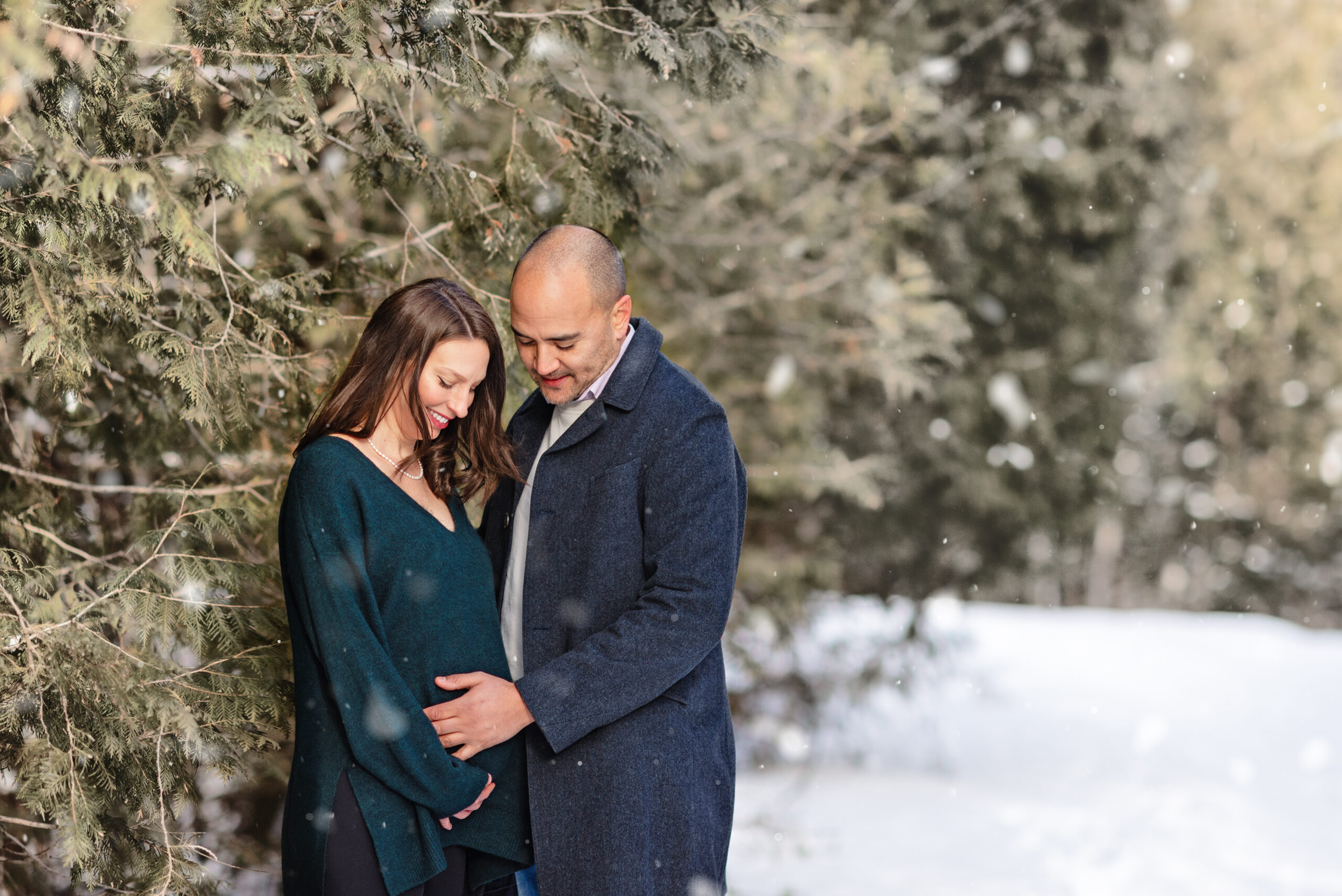 Couple in a serene outdoor winter setting, with snow gently falling, as they share a tender moment celebrating their pregnancy.